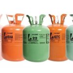 Gas cylinders for refrigerants like 404A and 22, featuring labels and logos, displayed by Chad's AC Direct.