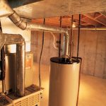 Water heater and HVAC system in an industrial basement with exposed pipes, highlighting Chad's AC Direct services.