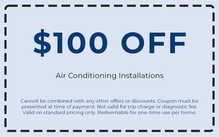 0 off coupon for air conditioning installations at Chad's AC Direct, with terms for one-time use and exclusions for trip charges and diagnostic fees.