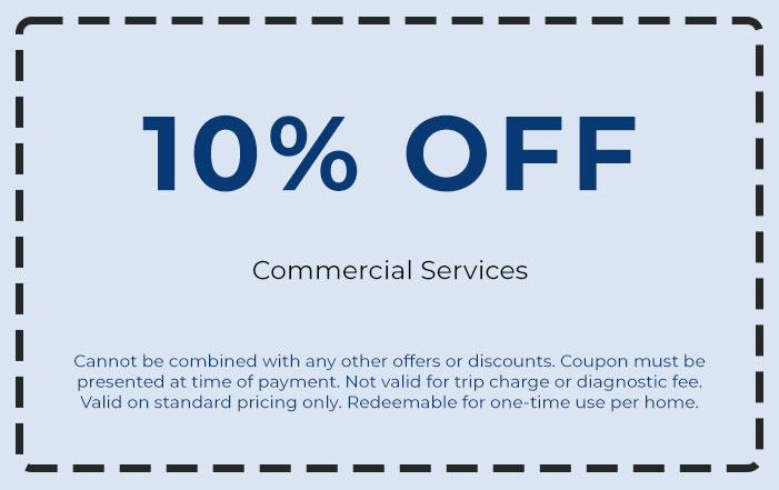 10% off coupon for commercial HVAC services, highlighting terms and conditions for use, including restrictions on combining offers and one-time redemption per home.
