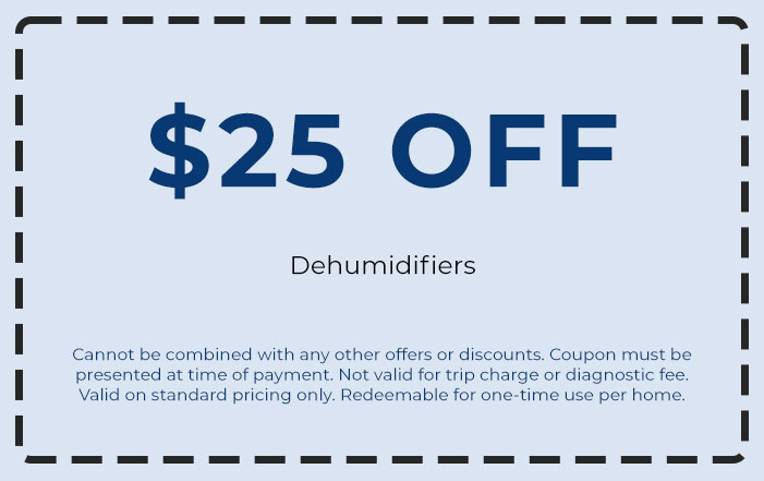  off coupon for dehumidifiers, redeemable for one-time use per home, with conditions on trip charges and discounts.
