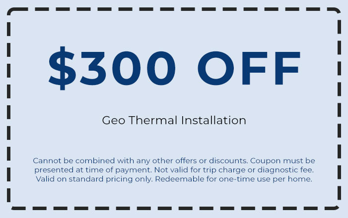 0 off coupon for Geo Thermal Installation with terms for one-time use per home and exclusions for trip charges and diagnostic fees, promoting HVAC service savings from Chad's AC Direct.