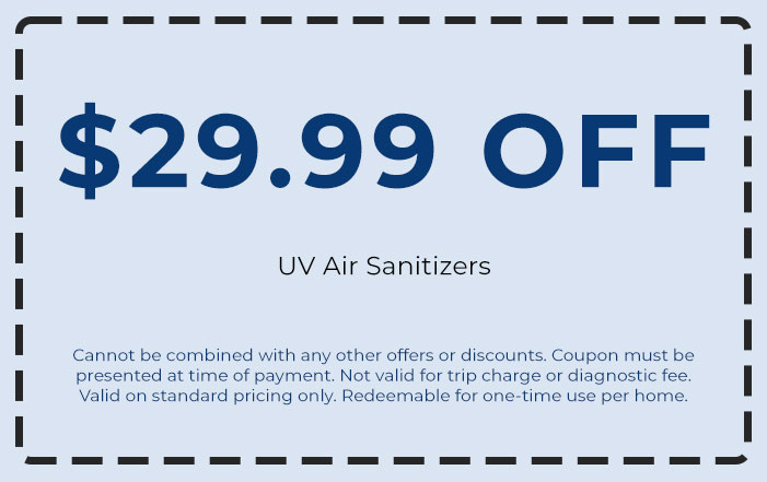 .99 off coupon for UV air sanitizers, highlighting savings on HVAC service products, redeemable for one-time use per home.